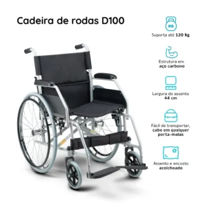A Cadeira de Rodas D400 Dellamed é uma solução robusta e prática para todos com mobilidade reduzida. Oferece alta resistência e durabilidade, suportando até 120 kg.