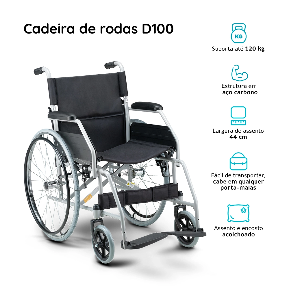 A Cadeira de Rodas D400 Dellamed é uma solução robusta e prática para todos com mobilidade reduzida. Oferece alta resistência e durabilidade, suportando até 120 kg.