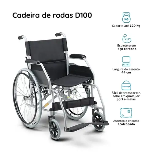 Cadeira de rodas manual Dellamed D400 na cor cinza claro com detalhes pretos, exibida em perspectiva diagonal sobre fundo branco. À direita da imagem, constam ícones explicativos azuis destacando as especificações: suporta até 120 kg, estrutura em aço carbono, largura do assento de 44 cm, fácil de transportar em qualquer porta-malas e assento e encosto acolchoados.