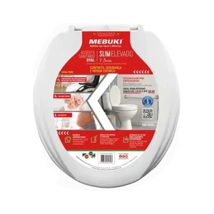 Embalagem comercial de formato circular do Assento Sanitário Oval Slim Elevado 7,5cm Mebuki com Tampa, com rótulo central vermelho e branco destacando ilustrações de um cadeirante, idosos e uma gestante. Ao centro, há a foto de um banheiro adaptado com vaso sanitário e barra de apoio, além de selos de garantia e código de barras na parte inferior.
