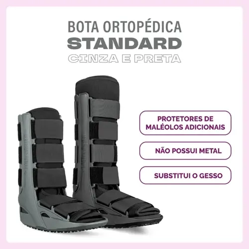 Infográfico com duas botas ortopédicas imobilizadoras da Hidrolight em tons de cinza e preto sobre um fundo branco com borda rosa claro. À esquerda, exibe-se a versão de cano curto e, ao centro, a versão de cano longo. Ambas apresentam chassi lateral rígido cinza e revestimento estofado preto com cinco tiras de fecho aderente. Do lado direito, há três caixas de texto com cantos arredondados contendo os destaques: "Protetores de maléolos adicionais", "Não possui metal" e "Substitui o gesso".