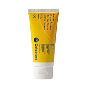 Foto frontal em fundo branco isolado de uma bisnaga em pé do produto Comfeel Creme Barreira de 60ml da Coloplast. A embalagem plástica possui o corpo predominantemente amarelo vibrante com uma faixa degradê sutil e uma base branca acoplada a uma tampa flip-top também branca. Na face frontal, constam as inscrições em letras pretas em múltiplos idiomas, incluindo "Barrier", "Crema Barriera", "Barrière Crème" e "Crema Barrera", acompanhadas pelo código do produto 4720, volume de 60 ml e a marcação CE. Na lateral inferior, destaca-se o logotipo circular azul da Coloplast com o nome da marca escrito verticalmente em azul, além da lista de ingredientes detalhada.