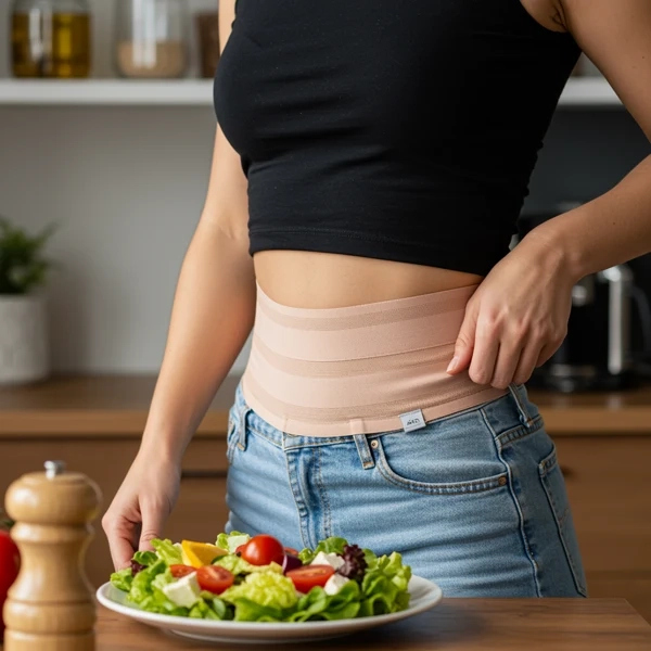 Mulher jovem vestindo camiseta preta e calça jeans, utilizando a faixa abdominal elástica bege por baixo da roupa enquanto prepara uma salada saudável. Conceito de recuperação bariátrica ativa na Casas da Ortopedia.