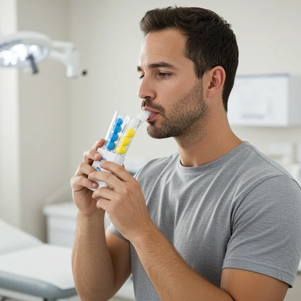 Homem de perfil utilizando um respirômetro de incentivo em ambiente clínico. Ele segura o aparelho com as duas mãos e realiza o exercício de inspiração profunda. Parte do Kit Pós-Operatório das Casas da Ortopedia.