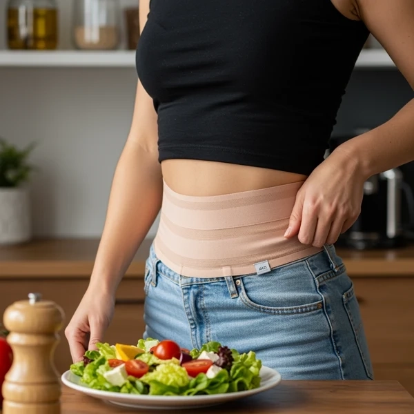 Mulher utilizando faixa abdominal elástica de compressão em ambiente doméstico, posicionada em frente a um prato de salada fresca, simbolizando o cuidado com a saúde e a dieta no pós-operatório.