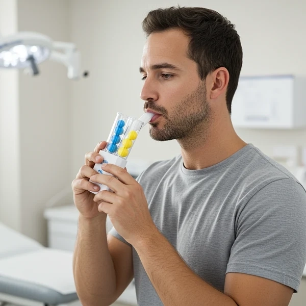Homem jovem em ambiente clínico realizando exercício de fisioterapia respiratória ao soprar um bocal de respirômetro com esferas azuis e amarelas.
